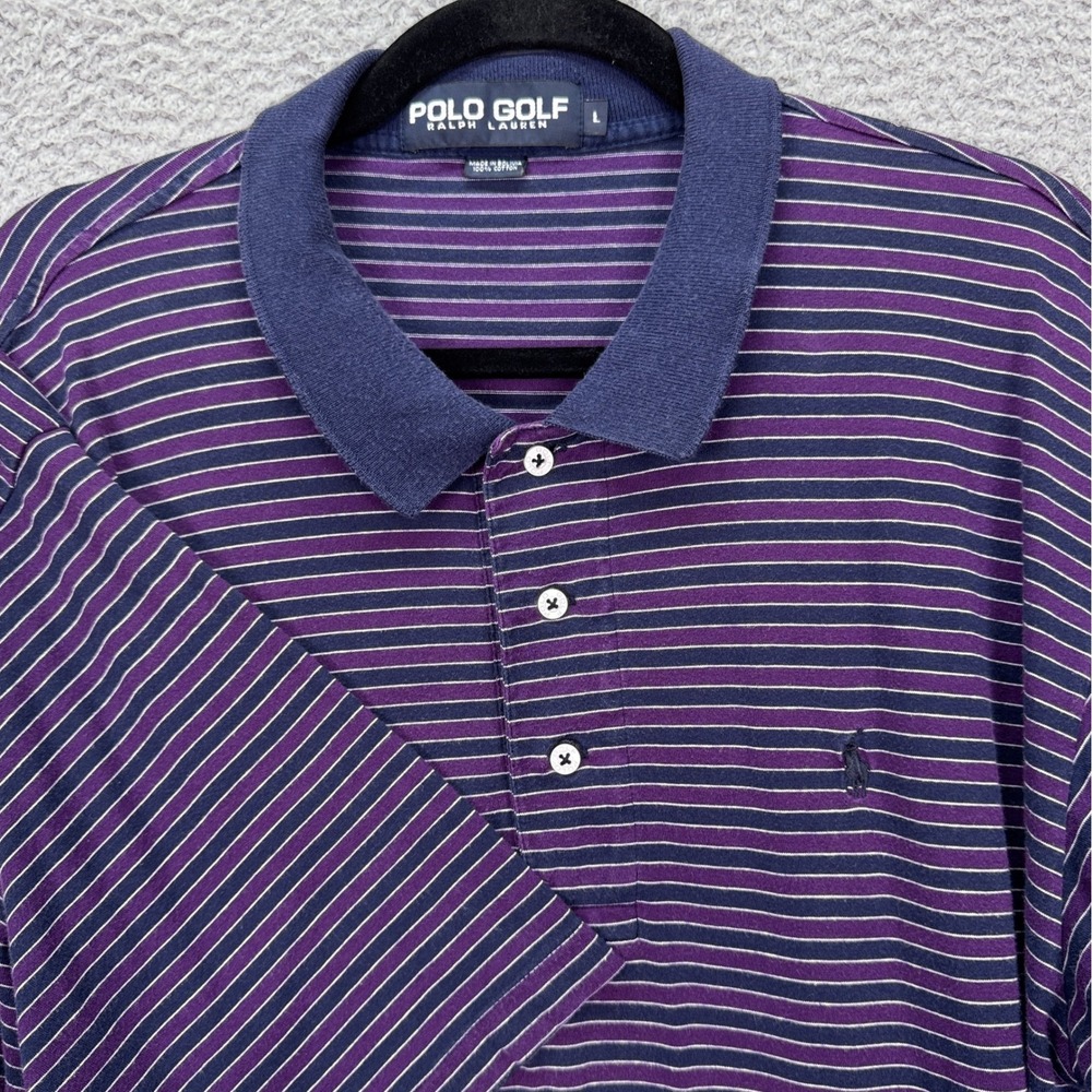 Vintage Polo Golf Ralph Lauren Shirt Men L Purple Navy Striped Cotton 90s Preppy